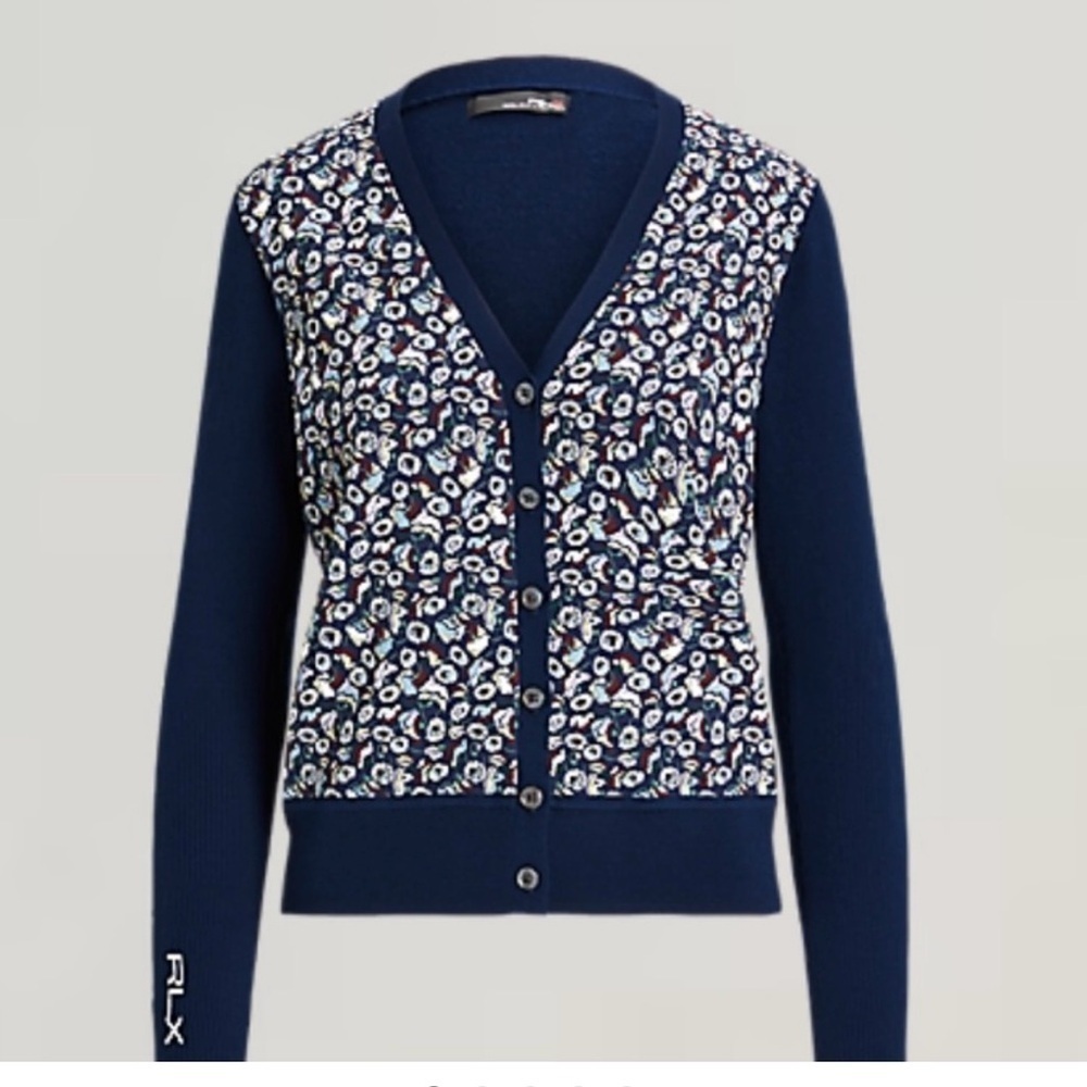 RLX Ralph Lauren Women's Golf French Navy Floral Cardigan Sweater Sz Large